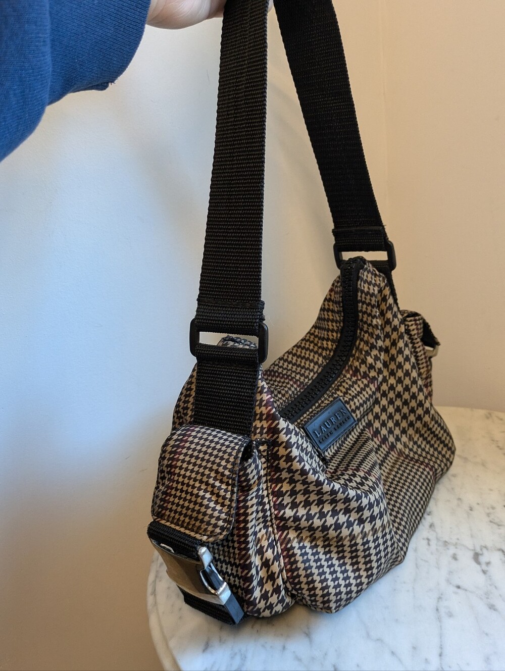 Y2K Lauren Ralph Lauren Brown Houndstooth Hobo Bag